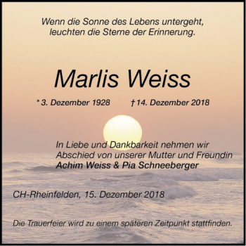 Traueranzeigen Von Marlis Weiss Trauerportal Ihrer Tageszeitung