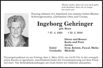 Traueranzeigen Von Ingeborg Gehringer Trauerportal Ihrer Tageszeitung