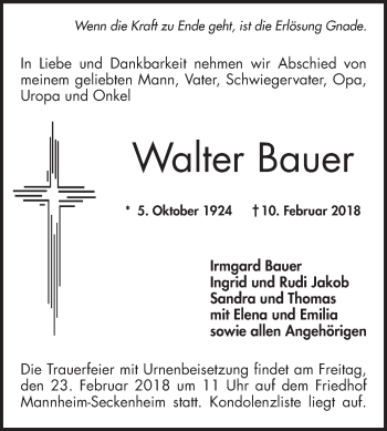 Traueranzeigen Von Walter Bauer Trauerportal Ihrer Tageszeitung