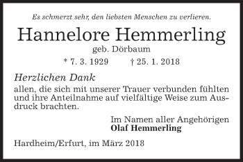 Traueranzeigen Von Hannelore Hemmerling Trauerportal Ihrer Tageszeitung