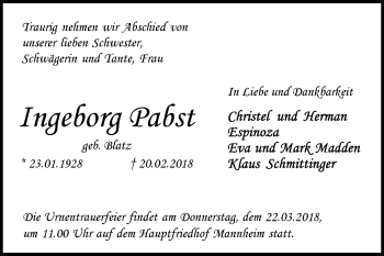 Traueranzeigen Von Ingeborg Pabst Trauerportal Ihrer Tageszeitung