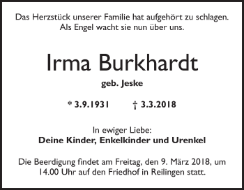 Traueranzeigen Von Irma Burkhardt Trauerportal Ihrer Tageszeitung