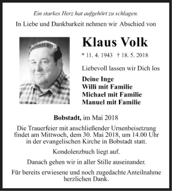 Traueranzeigen Von Klaus Volk Trauerportal Ihrer Tageszeitung