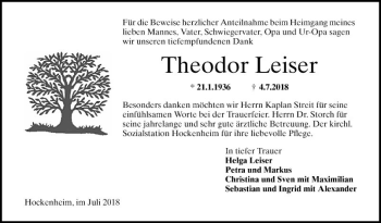 Traueranzeigen Von Theodor Leiser Trauerportal Ihrer Tageszeitung