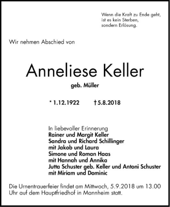 Traueranzeigen Von Anneliese Keller Trauerportal Ihrer Tageszeitung