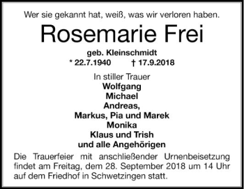 Traueranzeigen Von Rosemarie Frei Trauerportal Ihrer Tageszeitung