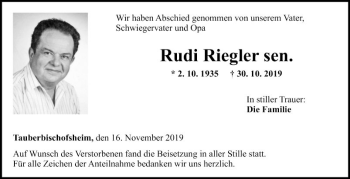 Traueranzeigen Von Rudi Riegler Trauerportal Ihrer Tageszeitung