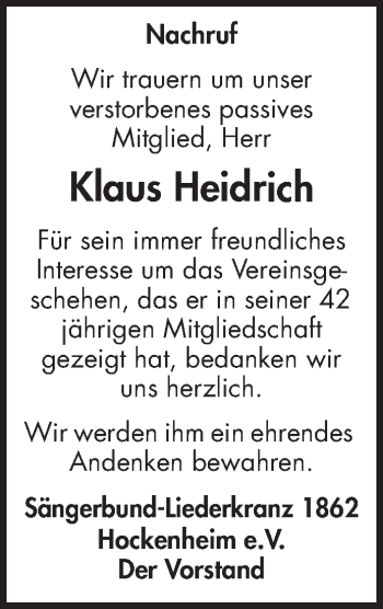 Traueranzeigen Von Klaus Heidrich Trauerportal Ihrer Tageszeitung