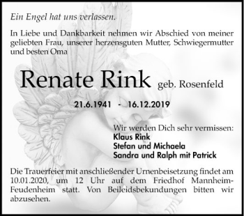 Traueranzeigen Von Renate Rink Trauerportal Ihrer Tageszeitung