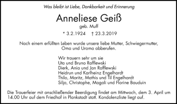 Traueranzeigen Von Anneliese Gei Trauerportal Ihrer Tageszeitung