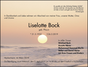 Traueranzeigen Von Liselotte Bock Trauerportal Ihrer Tageszeitung