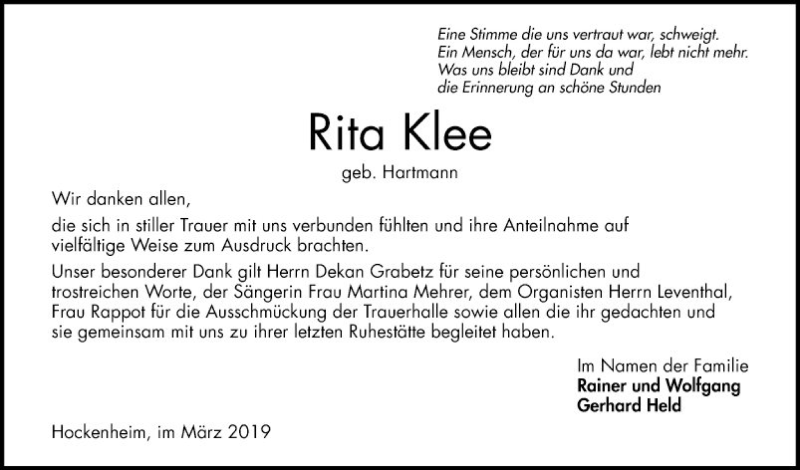 Traueranzeigen Von Rita Klee Trauerportal Ihrer Tageszeitung