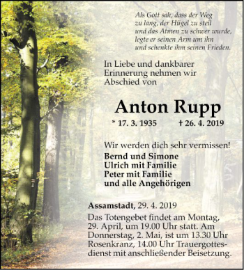 Traueranzeigen Von Anton Rupp Trauerportal Ihrer Tageszeitung