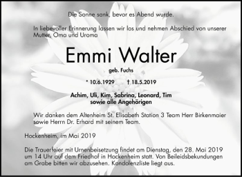 Traueranzeigen Von Emmi Walter Trauerportal Ihrer Tageszeitung