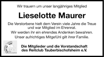 Traueranzeigen Von Lieselotte Maurer Trauerportal Ihrer Tageszeitung