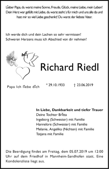 Traueranzeigen Von Richard Riedl Trauerportal Ihrer Tageszeitung