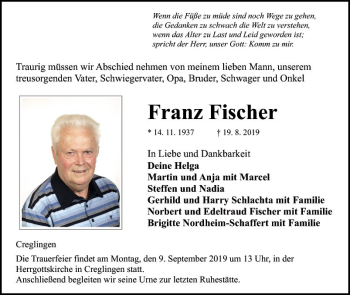 Traueranzeigen Von Franz Fischer Trauerportal Ihrer Tageszeitung