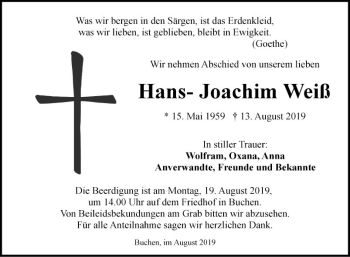 Traueranzeigen Von Hans Joachim Weiss Trauerportal Ihrer Tageszeitung