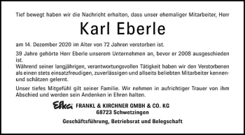 Traueranzeigen Von Karl Eberle Trauerportal Ihrer Tageszeitung