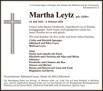 Traueranzeigen Von Martha Leytz Trauerportal Ihrer Tageszeitung