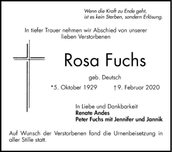 Traueranzeigen Von Rosa Fuchs Trauerportal Ihrer Tageszeitung