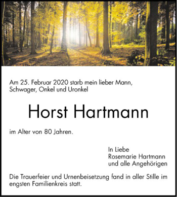 Traueranzeigen Von Horst Hartmann Trauerportal Ihrer Tageszeitung