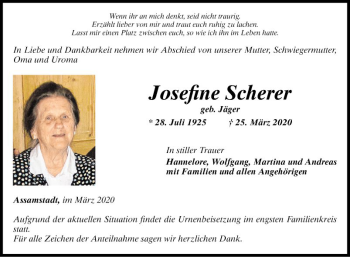 Traueranzeigen Von Josefine Scherer Trauerportal Ihrer Tageszeitung