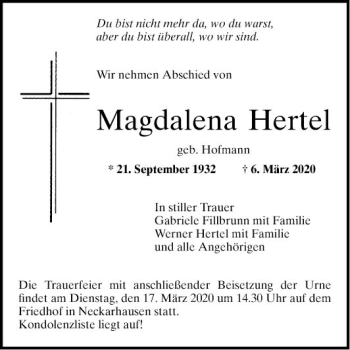 Traueranzeigen Von Magdalena Hertel Trauerportal Ihrer Tageszeitung