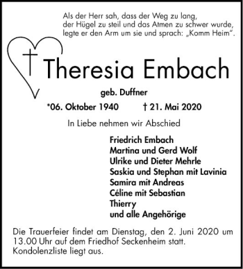 Traueranzeigen Von Theresia Embach Trauerportal Ihrer Tageszeitung