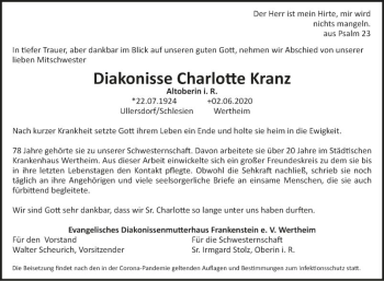 Traueranzeigen Von Charlotte Kranz Trauerportal Ihrer Tageszeitung