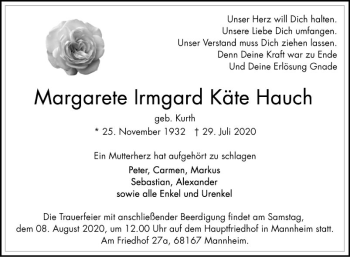 Traueranzeigen Von Margarete Irmgard K Te Hauch Trauerportal Ihrer