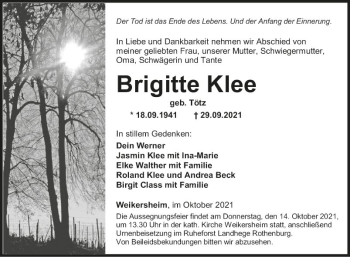 Traueranzeigen Von Brigitte Klee Trauerportal Ihrer Tageszeitung