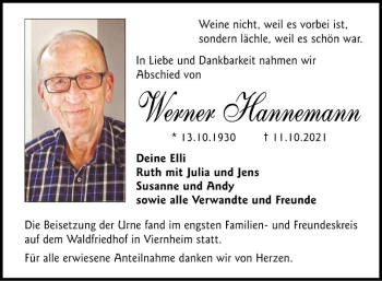 Traueranzeigen Von Werner Hannemann Trauerportal Ihrer Tageszeitung