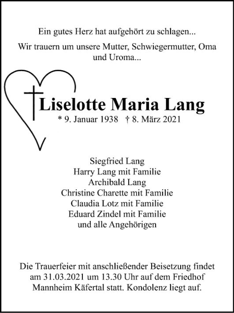 Traueranzeigen Von Liselotte Maria Lang Trauerportal Ihrer Tageszeitung