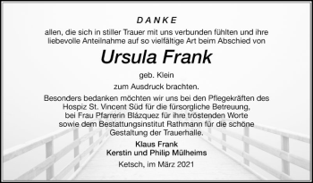 Traueranzeigen Von Ursula Frank Trauerportal Ihrer Tageszeitung