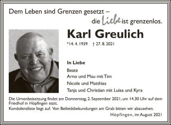 Traueranzeigen Von Karl Greulich Trauerportal Ihrer Tageszeitung