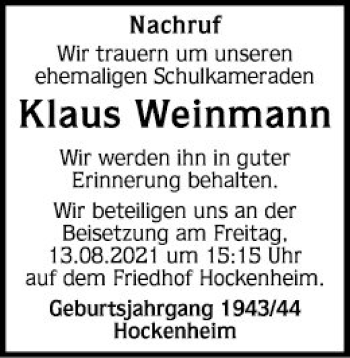 Traueranzeigen Von Klaus Weinmann Trauerportal Ihrer Tageszeitung