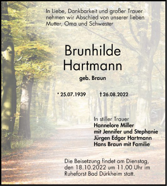 Traueranzeigen Von Brunhilde Hartmann Trauerportal Ihrer Tageszeitung