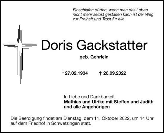 Traueranzeigen Von Doris Gackstatter Trauerportal Ihrer Tageszeitung