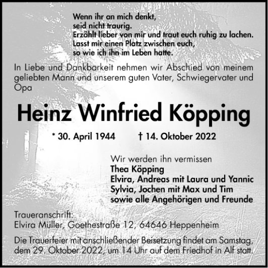 Traueranzeigen Von Heinz Winfried K Pping Trauerportal Ihrer Tageszeitung