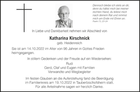 Traueranzeigen Von Katharina Kirschnick Trauerportal Ihrer Tageszeitung