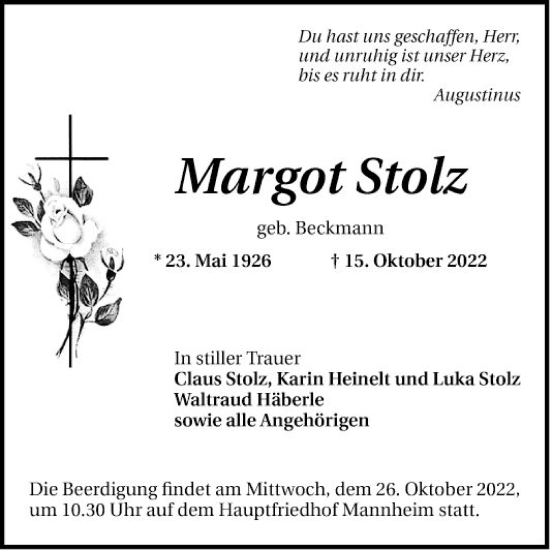 Traueranzeigen Von Margot Stolz Trauerportal Ihrer Tageszeitung