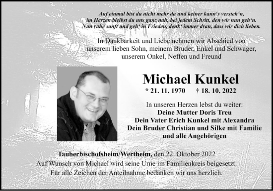 Traueranzeigen Von Michael Kunkel Trauerportal Ihrer Tageszeitung