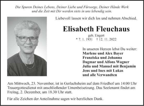 Traueranzeigen Von Elisabeth Fleuchaus Trauerportal Ihrer Tageszeitung