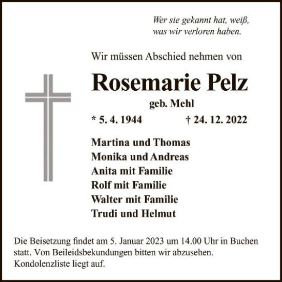 Traueranzeigen Von Rosemarie Pelz Trauerportal Ihrer Tageszeitung