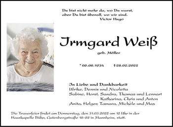 Traueranzeigen von Irmgard Weiß Trauerportal Ihrer Tageszeitung