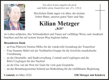 Traueranzeigen Von Kilian Metzger Trauerportal Ihrer Tageszeitung