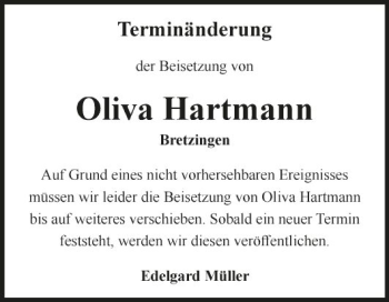 Traueranzeigen Von Oliva Hartmann Trauerportal Ihrer Tageszeitung