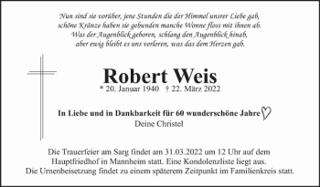 Traueranzeigen Von Robert Weis Trauerportal Ihrer Tageszeitung