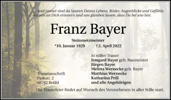 Traueranzeigen Von Franz Bayer Trauerportal Ihrer Tageszeitung